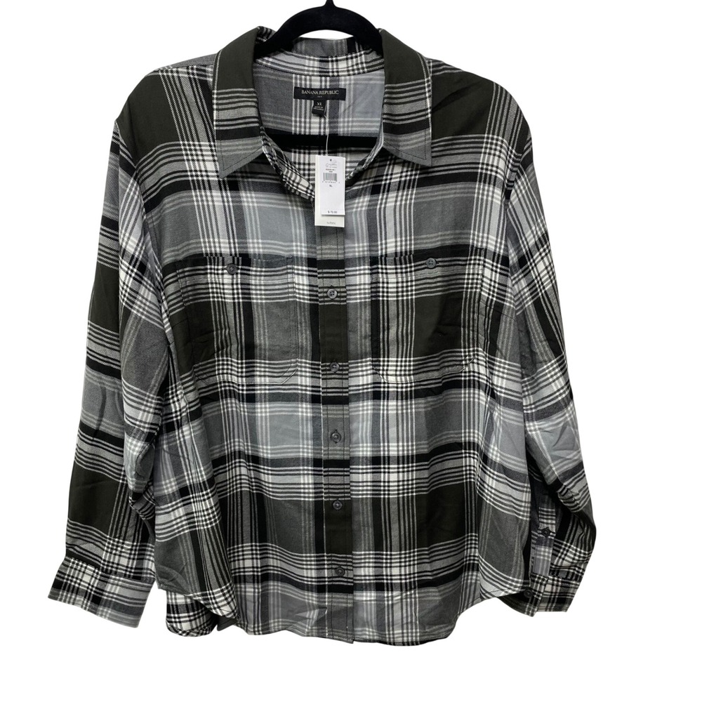 New Banana Republic Women XL Plaid Button Down Shirt Black White Grey Lumberjill